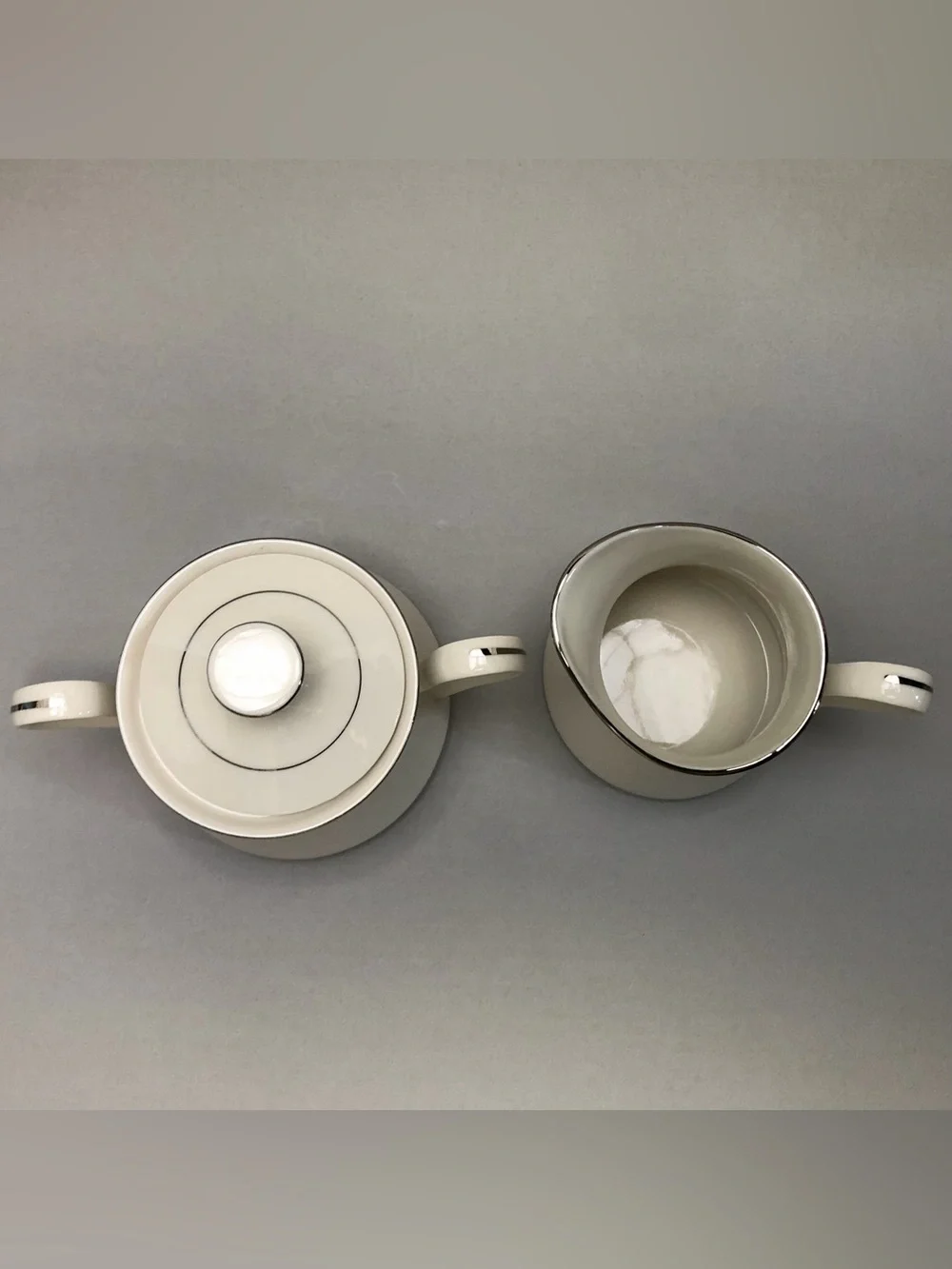 Fashion Manor Fine China Platinum Herald Sugar Bowl w/lid & Creamer Pitcher Set